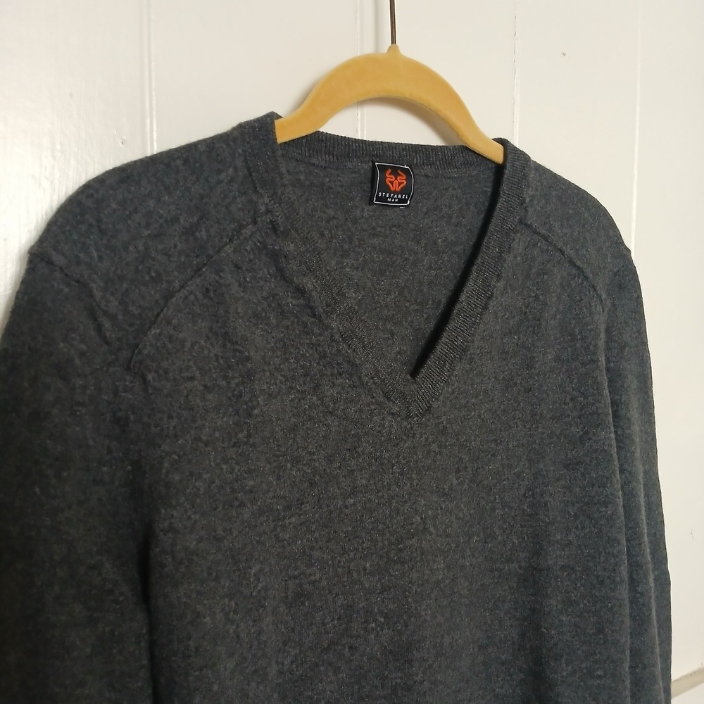 STEFANEL Italy Sweater 100% Wool V-Neck Pullover Men's XXL Gray Long Sleeve